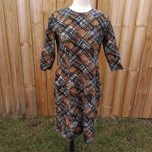 J. McLaughlin Catalyst Black Brown Tan Mod Plaid Ponte Sheath Dress Large
